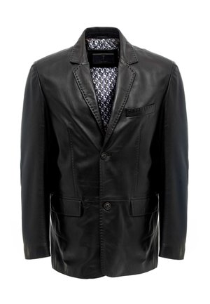 Zwarte leren blazer met een enkele knoopsluiting, twee voorzakken en een gevoerde binnenkant met patroon. Bevat gestructureerde schouders en een getailleerde pasvorm.