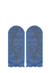 Chaussettes tricotées bleues avec un motif de feuilles et le texte "FALKE" en doré. Le design présente un bord festonné au niveau des ouvertures.