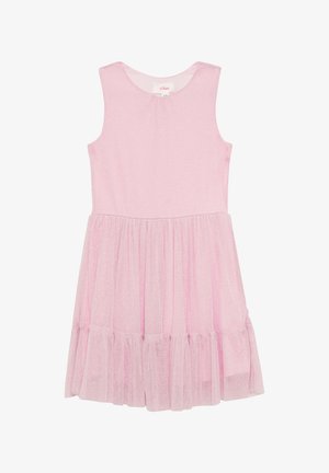 Różowa sukienka bez rękawów z okrągłym dekoltem, z rozkloszowanym dołem wykonaną z warstwowego, błyszczącego tiulu. Teksturowany i lekki materiał.