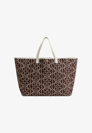 Bruine shopper met witte cirkels en vierkanten in touwpatroon, twee witte handvatten en een knoopsluiting in het midden bovenaan.