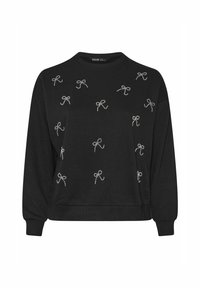 Sudadera negra con mangas largas, cuello redondo y bordado de lazos plateados dispersos en la parte delantera. Tejido suave y corte relajado.