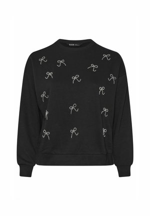 Sudadera negra con mangas largas, cuello redondo y bordado de lazos plateados dispersos en la parte delantera. Tejido suave y corte relajado.