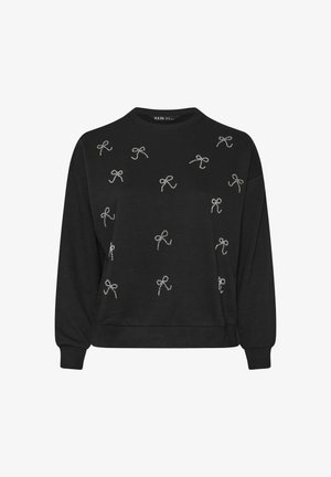 Schwarzes Sweatshirt mit langen Ärmeln, rundem Ausschnitt und verstreutem silbernem Schleifenstickerei auf der Vorderseite. Weiches Material und lockere Passform.