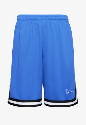 Kék atlétikai rövidnadrágok könnyű anyagból, fekete és fehér csíkokkal az alján, és egy logóval a jobb alsó sarokban.