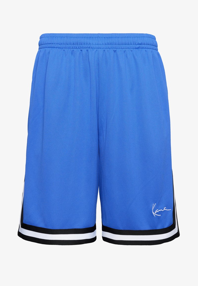 Kék atlétikai rövidnadrágok könnyű anyagból, fekete és fehér csíkokkal az alján, és egy logóval a jobb alsó sarokban.