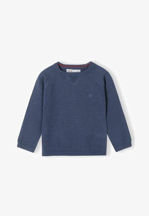 Pull à col rond de couleur bleu marine, avec des manches raglan longues, des poignets et un ourlet côtelés ; présente un petit logo brodé sur la poitrine.