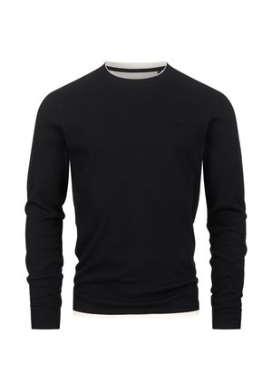 Chemise noire à manches longues côtelées avec un col rond, comportant un col intérieur blanc contrastant et un petit logo sur la poitrine.