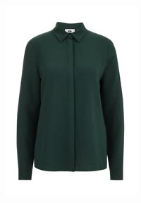 Ciemnozielona koszula z długim rękawem, zaostrzonym kołnierzykiem, listwą z przodu na guziki oraz teksturowaną tkaniną, z prostym dołem i mankietami na rękawach.