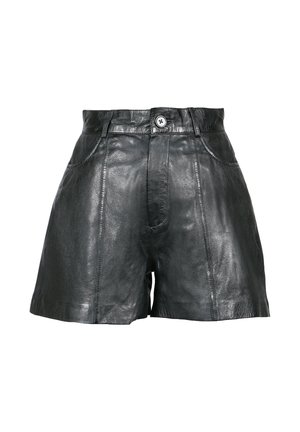 Short in pelle nera a vita alta con chiusura frontale a bottoni, passanti per cintura e due tasche laterali, esposto su sfondo bianco.