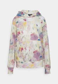 Sudadera con capucha en un patrón multicolor de acuarela con acentos en rosa, amarillo y verde. Fabricada en una tela suave, cuenta con un bolsillo frontal y cordones.