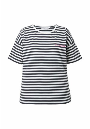 Camiseta a rayas con rayas horizontales en azul marino y blanco, cuello redondo, corte holgado, mangas cortas y texto bordado en rosa en la parte delantera.