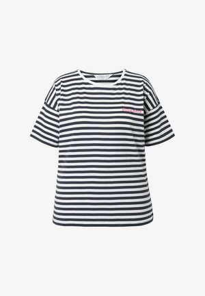Koszulka w paski z granatowymi i białymi poziomymi paskami, okrągły dekolt, luźny krój, krótkie rękawy, z różowym haftowanym napisem na przodzie.