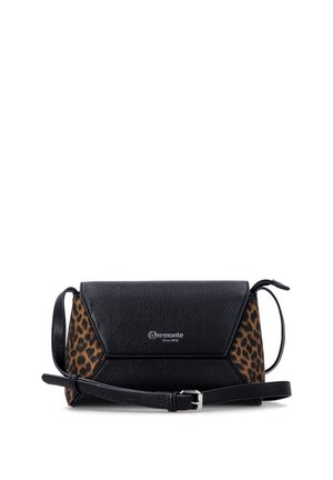 Black textured leather crossbody bag with a flap, leopard print side panels, and an adjustable strap with silver buckle.