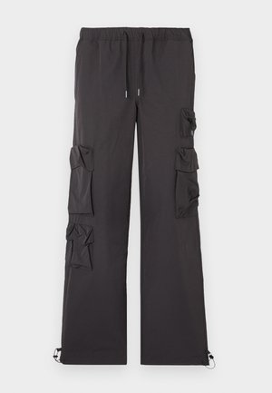 Black cargo pants with a drawstring waist, featuring multiple pockets on the sides and elastic cuffs at the ankles. Lightweight fabric.