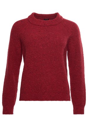 Red knit sweater with long raglan sleeves and a ribbed crew neckline, made from textured wool blend fabric.