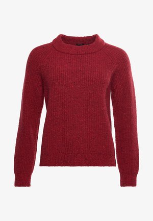 Pull rouge en tricot avec manches longues raglan et encolure ronde côtelée, fabriqué en tissu texturé mélangé en laine.