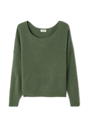 Grüner, langärmeliger Pullover aus weichem, flauschigem Material. Er hat einen weiten Ausschnitt und überschnittene Schultern, mit einem leicht verkürzten Schnitt auf der Taille.