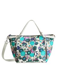 Torba na ramię w kwiatowy wzór w kolorze białym, z turkusowymi i purpurowymi akcentami. Ustrukturyzowany kształt z podwójnymi uchwytami i odczepianym paskiem.