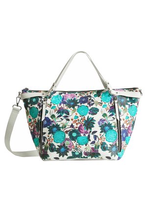 Blumenmuster Schultertasche in Weiß mit türkisfarbenen und lila Akzenten. Strukturierte Form mit doppelten Griffen und abnehmbarem Schulterriemen.
