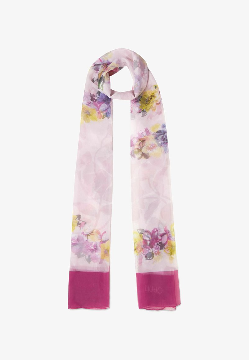 Écharpe fleurie légère rose avec des fleurs violet, jaune et verte ; extrémités roses unies ; texture transparente et forme allongée rectangulaire.