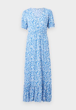 Blaues Blumenkleid mit kurzen Ärmeln, V-Ausschnitt und elastischem Bund. Ausgestellter Rock mit Rüschensaum. Mit weißen Blumenmustern throughout.