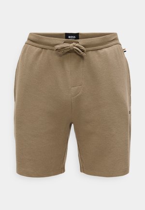Pantaloni scurți khaki dintr-un material texturat, cu talie elastică și șnur, buzunare laterale și un logo mic pe o parte.