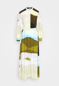 Napitettava pitkä mekko, jossa monivärinen maisemakuosi vihreän, sinisen ja beigen sävyissä, joustavalla vyötäröllä ja pitkillä hihoilla.