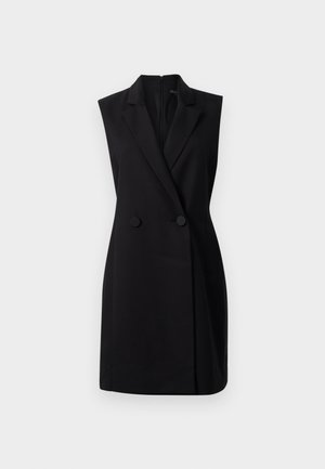 Black sleeveless blazer dress with a tailored fit, double button closure, and a smooth texture. Features a zippered back for easy wear.