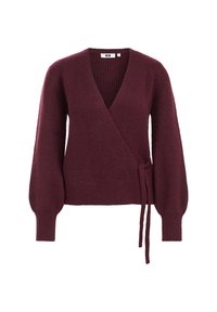 Cardigan enroulé bourgogne en maille côtelée, avec de longues manches bouffantes et un détail à nouer à la taille.
