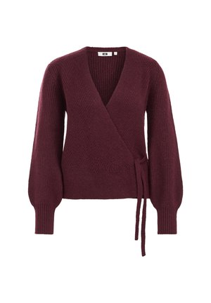 Cardigan enroulé bourgogne en maille côtelée, avec de longues manches bouffantes et un détail à nouer à la taille.