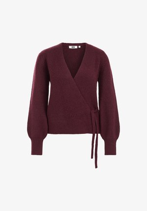 Burgunderfarbener Wickel-Cardigan aus geripptem Strickmaterial, mit langen Ballonärmeln und einem Bindedetail an der Taille.