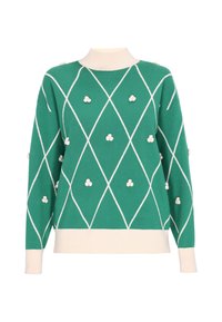 Maglione verde a maglia con motivo a diamante bianco, dotato di dettagli con pom-pom bianchi e colletto e orlo a coste. Maniche lunghe, vestibilità comoda.