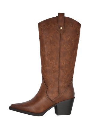 Botas de vaquero marrones con puntera afilada, detalles de costura y un tacón bloque de altura media. Hechas de material sintético con un acabado texturizado.
