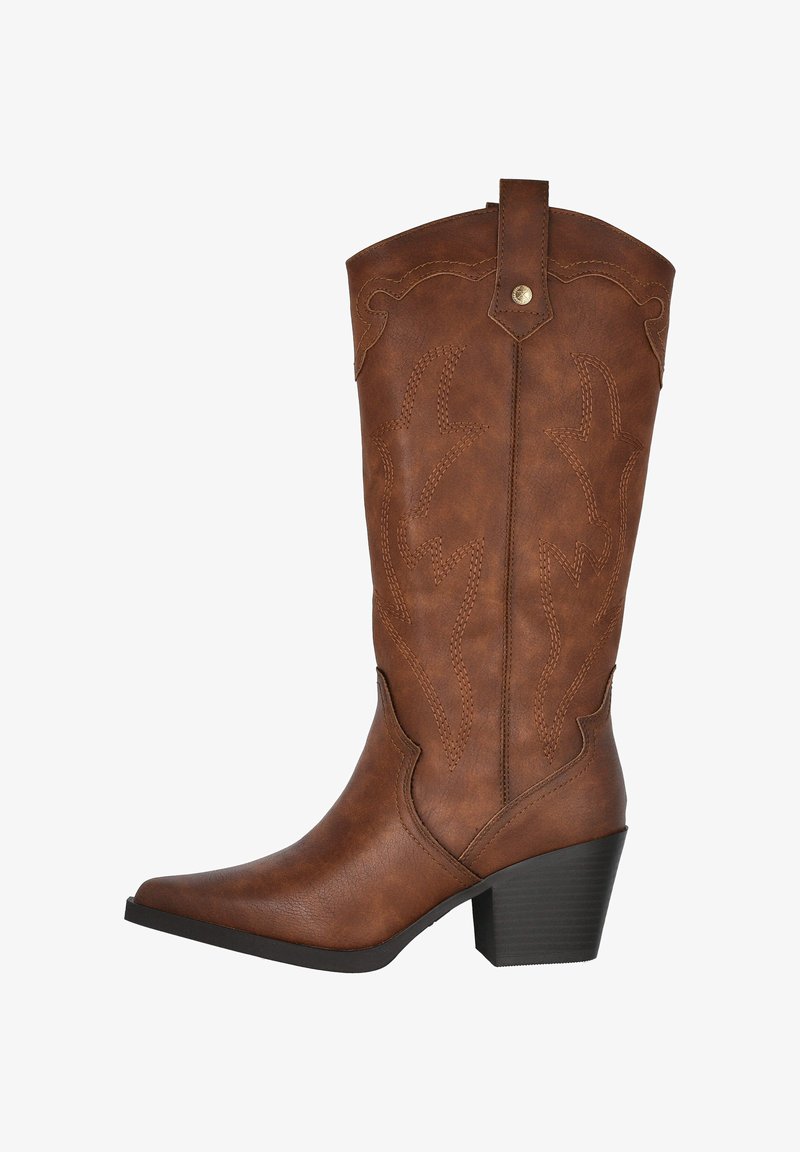 Botas de vaquero marrones con puntera afilada, detalles de costura y un tacón bloque de altura media. Hechas de material sintético con un acabado texturizado.