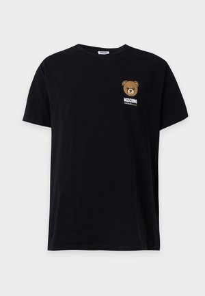 T-shirt preta de manga curta com pequeno rosto de urso castanho e texto branco "MOSCHINO UNDERBEAR" no peito esquerdo.