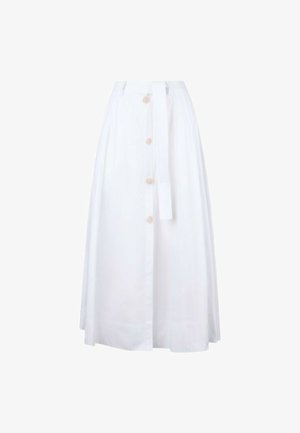 Gonna midi bianca con vita alta, chiusura anteriore con bottoni e cintura da annodare. Realizzata in tessuto leggero con una texture liscia.
