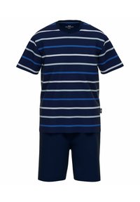 Navy blue striped two-piece outfit featuring a short-sleeve top with light blue and gray stripes and matching navy shorts.