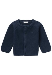 Marineblauer Strickcardigan mit langen Ärmeln, Rundhalsausschnitt und Knopfverschluss. Mit gerippten Bündchen und Saum sowie einem kleinen Logodetail.
