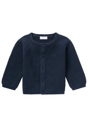 Marineblauer Strickcardigan mit langen Ärmeln, Rundhalsausschnitt und Knopfverschluss. Mit gerippten Bündchen und Saum sowie einem kleinen Logodetail.