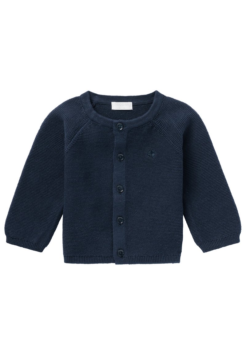 Marineblauer Strickcardigan mit langen Ärmeln, Rundhalsausschnitt und Knopfverschluss. Mit gerippten Bündchen und Saum sowie einem kleinen Logodetail.