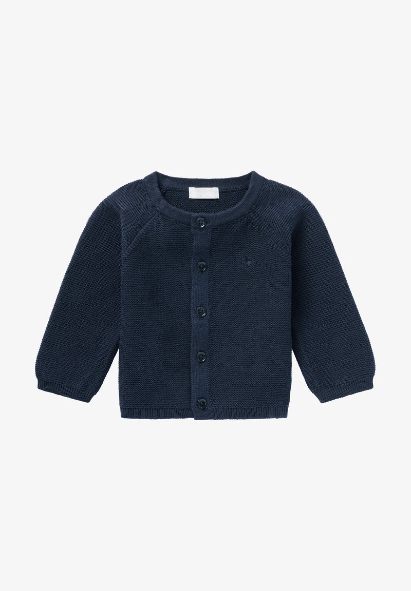 Marineblauer Strickcardigan mit langen Ärmeln, Rundhalsausschnitt und Knopfverschluss. Mit gerippten Bündchen und Saum sowie einem kleinen Logodetail.