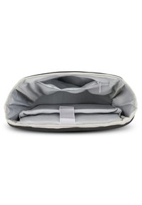 Gray laptop sleeve featuring a soft, light gray interior, zippered pocket, and adjustable strap for secure storage. Smooth material.