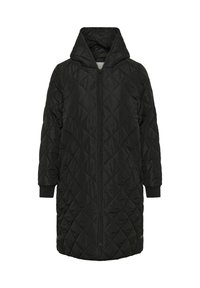 Crni duguljasti kaput od quilted materijala s kapuljačom, koji se zatvara na zip. Glatka tekstura s dijamantnim uzorkom kroz cijelu površinu.