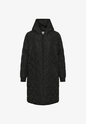 Cappotto lungo imbottito nero con cappuccio, dotato di chiusura con zip e polsini a costine. Tessuto liscio decorato con un motivo a rombi.