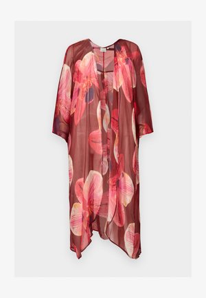 Doorzichtig bordeaux kimono met wijde mouwen en grote roze en rode bloemenprint, getoond tegen een lichte achtergrond.