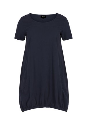 Dunkelmarineblaues Tunika-Kleid mit kurzen Ärmeln, rundem Ausschnitt, seitlichen Taschen und gerafftem Saum für eine lässige Passform.