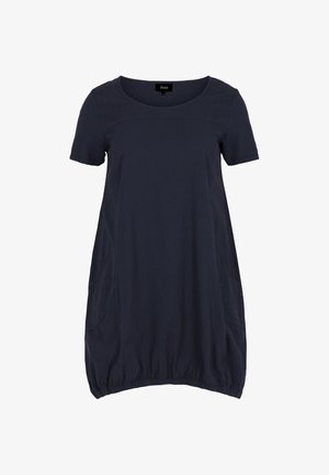 Dunkelmarineblaues Tunika-Kleid mit kurzen Ärmeln, rundem Ausschnitt, seitlichen Taschen und gerafftem Saum für eine lässige Passform.