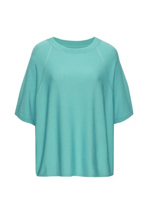 Türkisfarbenes Strickoberteil mit kurzen Ärmeln, rundem Ausschnitt und dezenten, perforierten Details entlang der Raglan-Nähte.