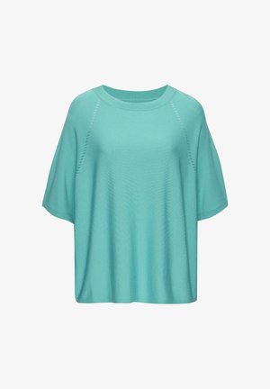 Turquoise short-sleeve knit top with round neckline and subtle perforated details along raglan seams.