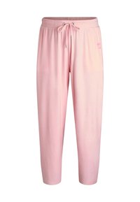 Lyserøde joggebukser med snøre i taljen, blød tekstur og ribstrikkede detaljer. Har et logo trykt i en lysere nuance på stoffet.